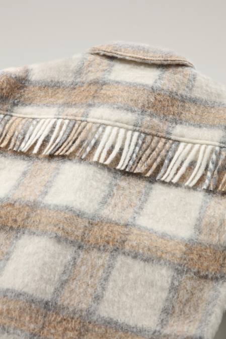 Woolrich Women Brushed Blended Wool Overshirt with Fringe Cream Check Clothing J026232