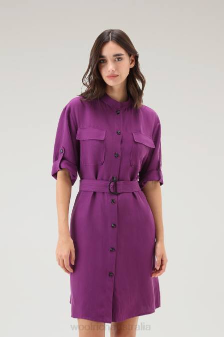 Woolrich Women Belted Utility Dress in Linen Blend Charisma Purple Clothing J026132