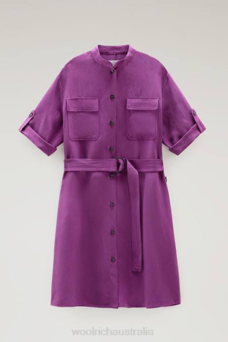 Woolrich Women Belted Utility Dress in Linen Blend Charisma Purple Clothing J026132