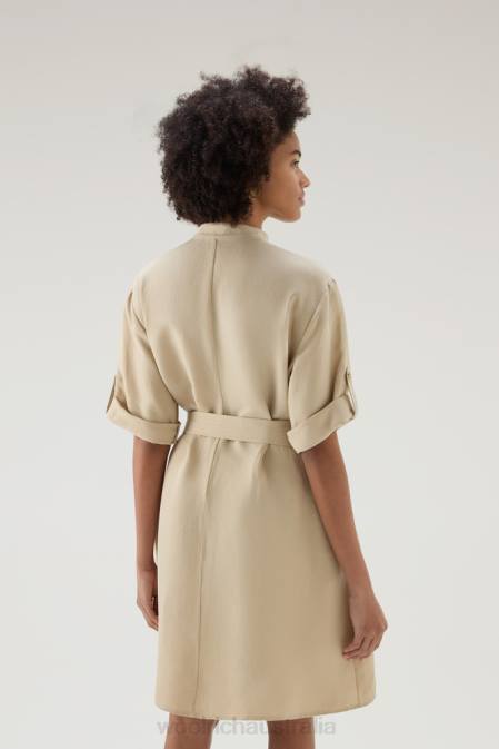 Woolrich Women Belted Utility Dress in Linen Blend Feather Beige Clothing J026183