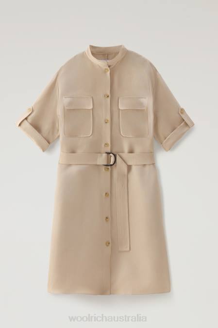 Woolrich Women Belted Utility Dress in Linen Blend Feather Beige Clothing J026183