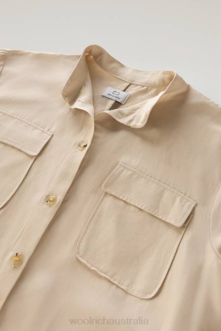 Woolrich Women Belted Utility Dress in Linen Blend Feather Beige Clothing J026183