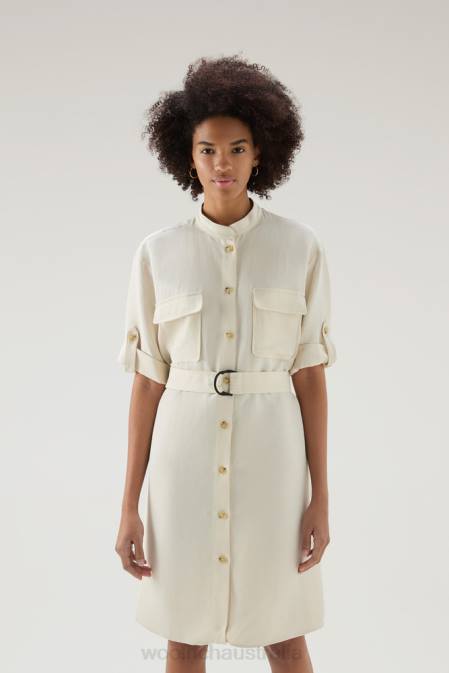 Woolrich Women Belted Utility Dress in Linen Blend Milky Cream Clothing J02651