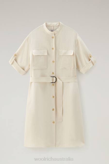 Woolrich Women Belted Utility Dress in Linen Blend Milky Cream Clothing J02651