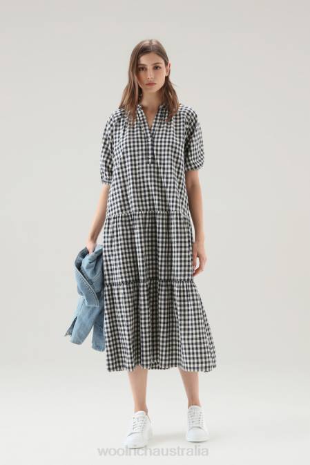 Woolrich Women Check Dress in Pure Cotton with Ruffles Blue Buffalo Clothing J026165