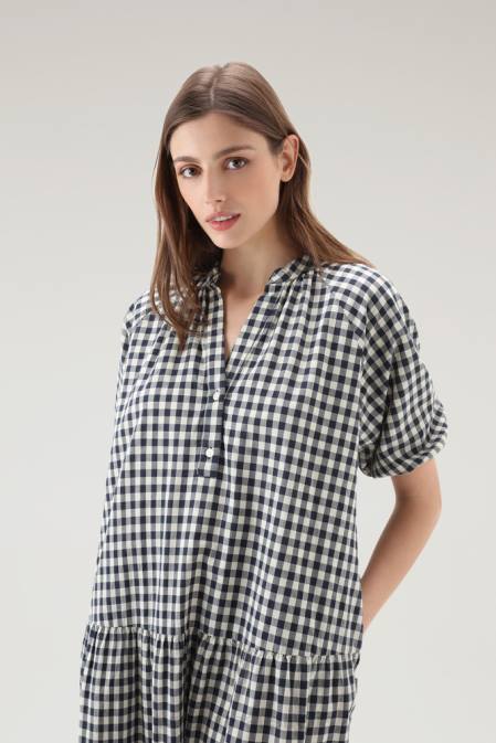 Woolrich Women Check Dress in Pure Cotton with Ruffles Blue Buffalo Clothing J026165