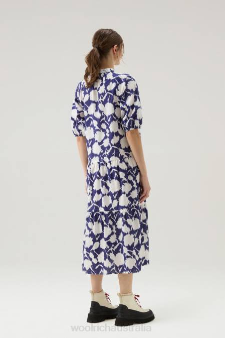 Woolrich Women Ruffled Dress in Pure Cotton Poplin Melton Blue Flower Clothing J026168