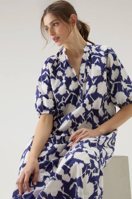 Woolrich Women Ruffled Dress in Pure Cotton Poplin Melton Blue Flower Clothing J026168