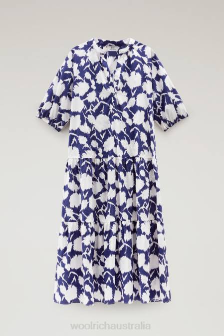 Woolrich Women Ruffled Dress in Pure Cotton Poplin Melton Blue Flower Clothing J026168