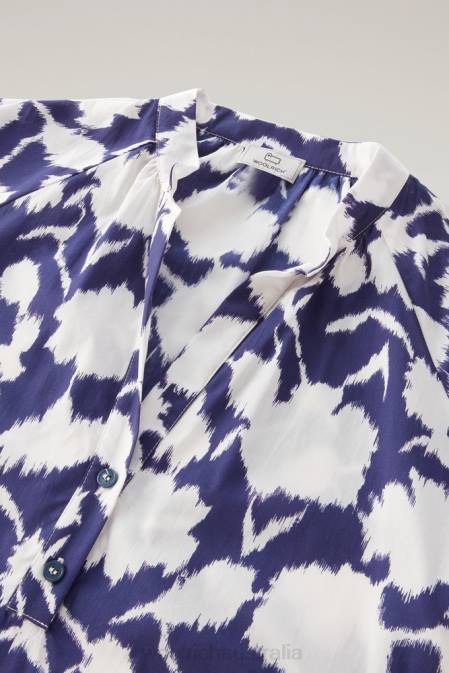 Woolrich Women Ruffled Dress in Pure Cotton Poplin Melton Blue Flower Clothing J026168