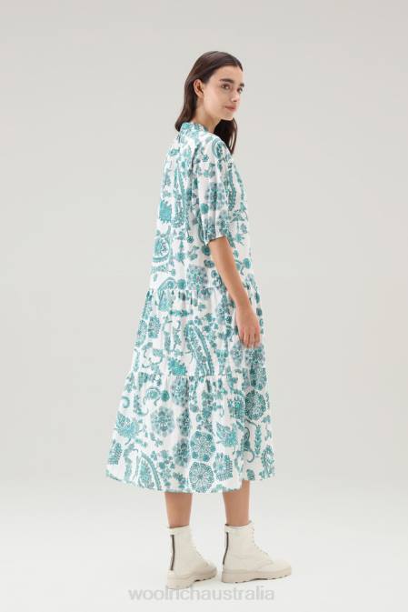 Woolrich Women Ruffled Dress in Pure Cotton Poplin Turquoise Paisley Clothing J026164