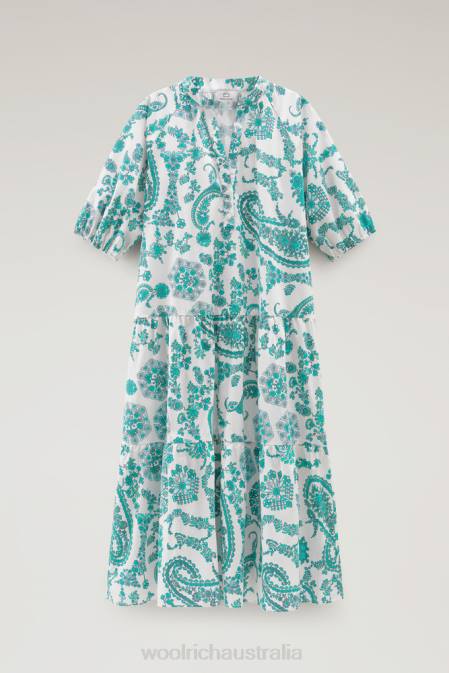 Woolrich Women Ruffled Dress in Pure Cotton Poplin Turquoise Paisley Clothing J026164