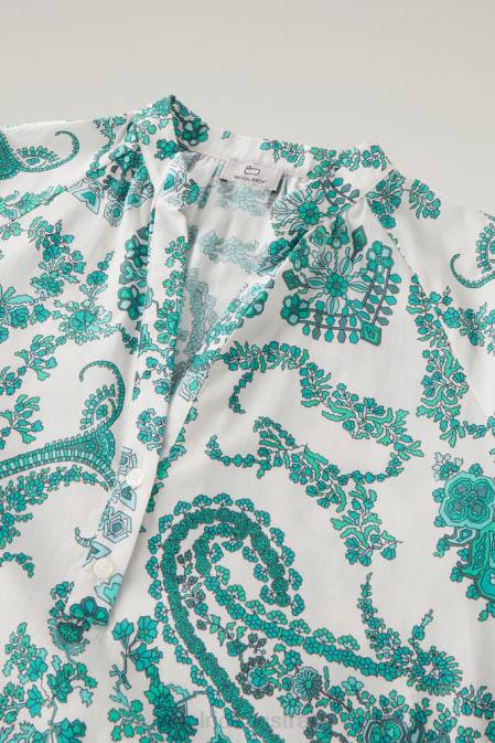 Woolrich Women Ruffled Dress in Pure Cotton Poplin Turquoise Paisley Clothing J026164