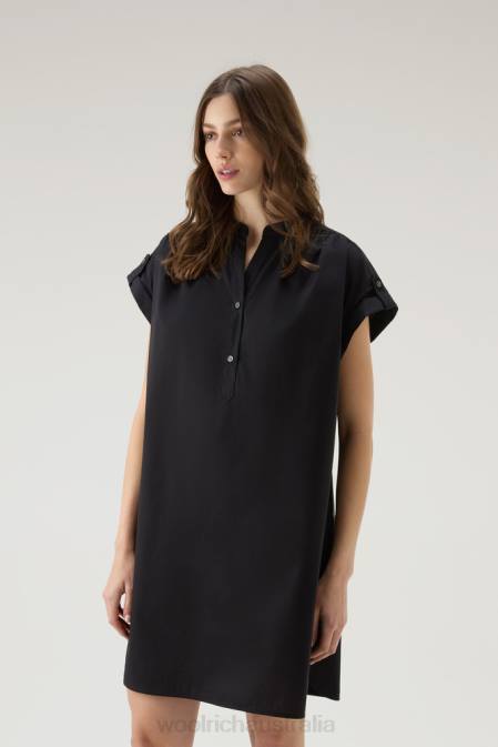 Woolrich Women Short Dress in Pure Cotton Poplin with Gathered Details Black Clothing J026110