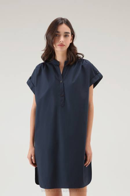 Woolrich Women Short Dress in Pure Cotton Poplin with Gathered Details Melton Blue Clothing J02633