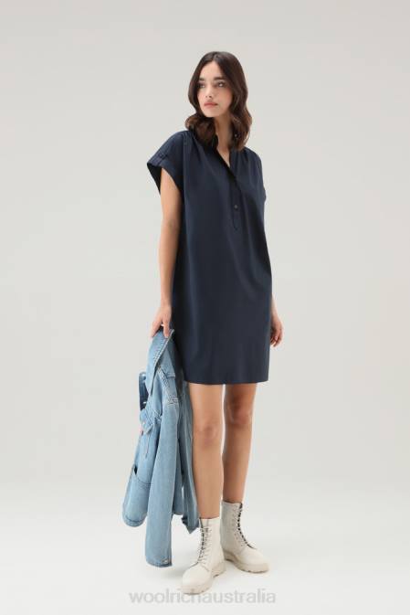 Woolrich Women Short Dress in Pure Cotton Poplin with Gathered Details Melton Blue Clothing J02633