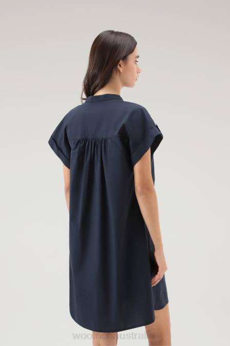 Woolrich Women Short Dress in Pure Cotton Poplin with Gathered Details Melton Blue Clothing J02633