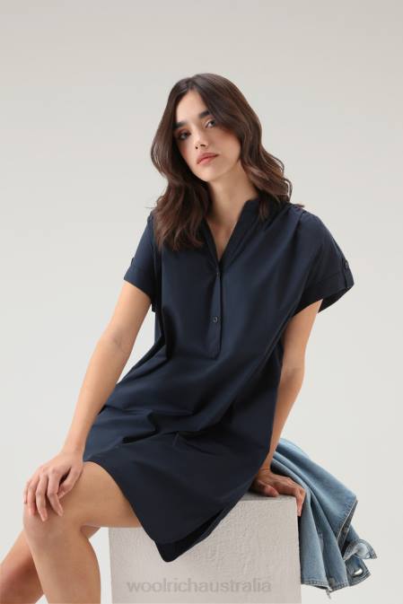 Woolrich Women Short Dress in Pure Cotton Poplin with Gathered Details Melton Blue Clothing J02633