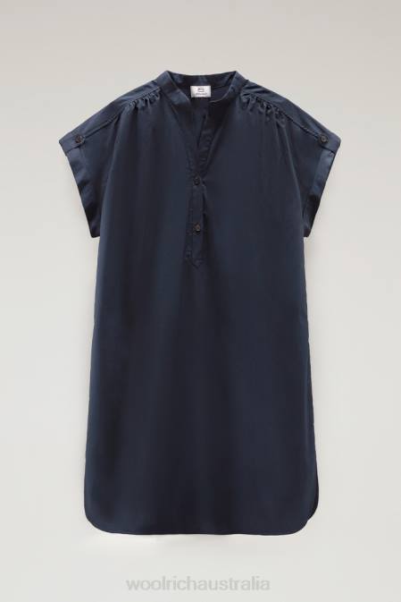 Woolrich Women Short Dress in Pure Cotton Poplin with Gathered Details Melton Blue Clothing J02633