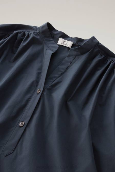 Woolrich Women Short Dress in Pure Cotton Poplin with Gathered Details Melton Blue Clothing J02633