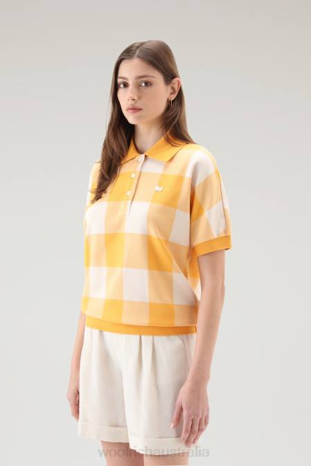 Woolrich Women American Check Polo in Yarn-Dyed Stretch Cotton Blend Fire Yellow Buffalo Clothing J026143
