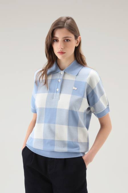 Woolrich Women American Check Polo in Yarn-Dyed Stretch Cotton Blend Pale Indigo Buffalo Clothing J02629