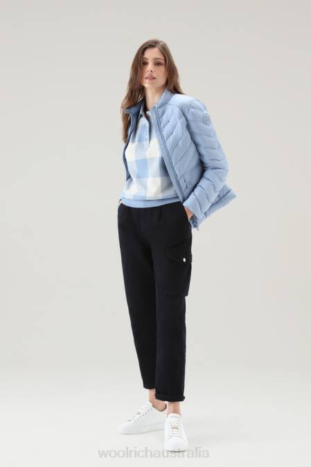 Woolrich Women American Check Polo in Yarn-Dyed Stretch Cotton Blend Pale Indigo Buffalo Clothing J02629