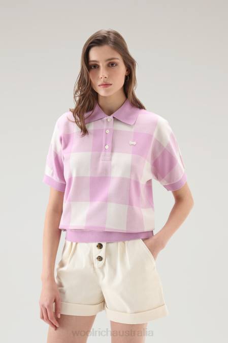 Woolrich Women American Check Polo in Yarn-Dyed Stretch Cotton Blend Smoky Rose Buffalo Clothing J02620