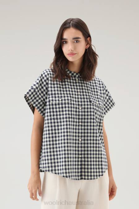 Woolrich Women Appalachian Trail Short-Sleeved Check Blouse in Pure Cotton Blue Buffalo Clothing J02644