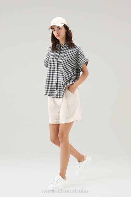 Woolrich Women Appalachian Trail Short-Sleeved Check Blouse in Pure Cotton Blue Buffalo Clothing J02644
