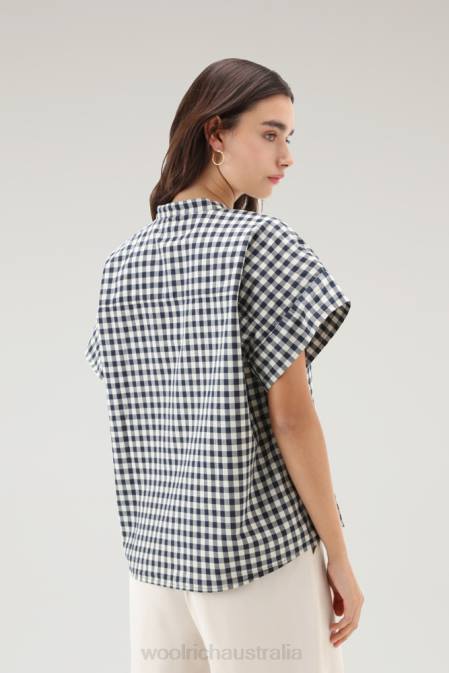Woolrich Women Appalachian Trail Short-Sleeved Check Blouse in Pure Cotton Blue Buffalo Clothing J02644