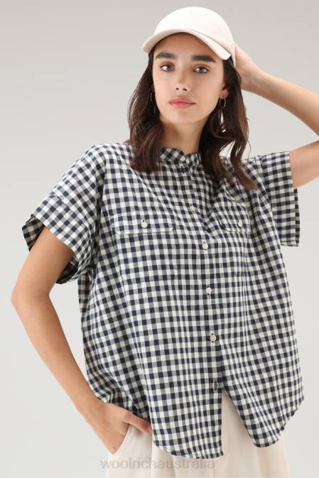 Woolrich Women Appalachian Trail Short-Sleeved Check Blouse in Pure Cotton Blue Buffalo Clothing J02644