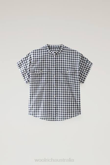 Woolrich Women Appalachian Trail Short-Sleeved Check Blouse in Pure Cotton Blue Buffalo Clothing J02644