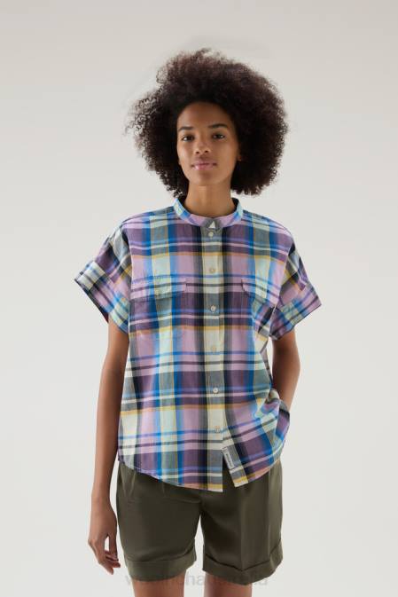 Woolrich Women Appalachian Trail Short-Sleeved Check Blouse in Pure Cotton Blue Check Clothing J026173