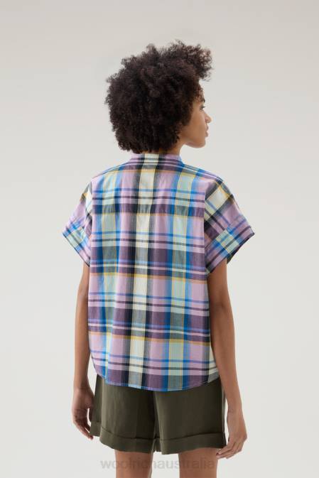 Woolrich Women Appalachian Trail Short-Sleeved Check Blouse in Pure Cotton Blue Check Clothing J026173