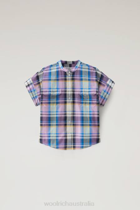 Woolrich Women Appalachian Trail Short-Sleeved Check Blouse in Pure Cotton Blue Check Clothing J026173