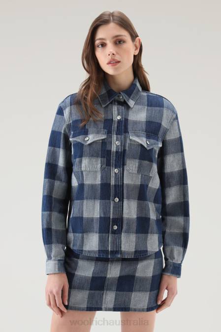 Woolrich Women Check Shirt in Pure Cotton Denim Dark Indigo Buffalo Clothing J02637
