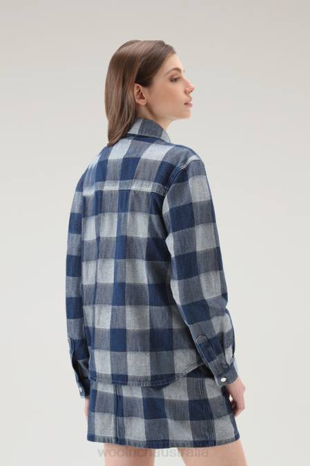 Woolrich Women Check Shirt in Pure Cotton Denim Dark Indigo Buffalo Clothing J02637