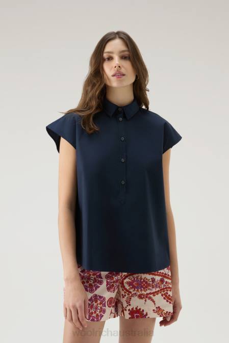 Woolrich Women Poplin Blouse in Pure Cotton Poplin Melton Blue Clothing J026158