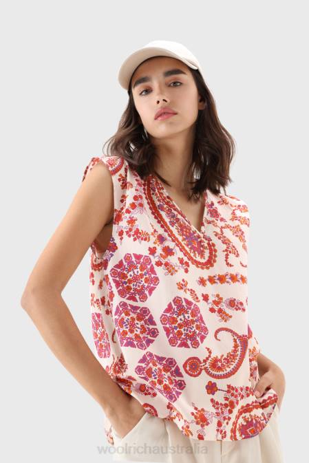 Woolrich Women Sleeveless Blouse in Pure Cotton Poplin Marine Scarlet Paisley Clothing J02685
