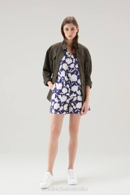 Woolrich Women Sleeveless Blouse in Pure Cotton Poplin Melton Blue Flower Clothing J026101