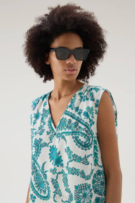 Woolrich Women Sleeveless Blouse in Pure Cotton Poplin Turquoise Paisley Clothing J02640