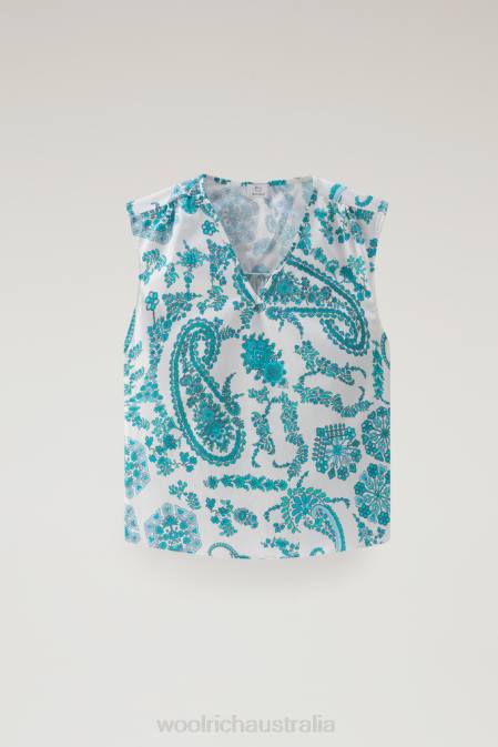 Woolrich Women Sleeveless Blouse in Pure Cotton Poplin Turquoise Paisley Clothing J02640