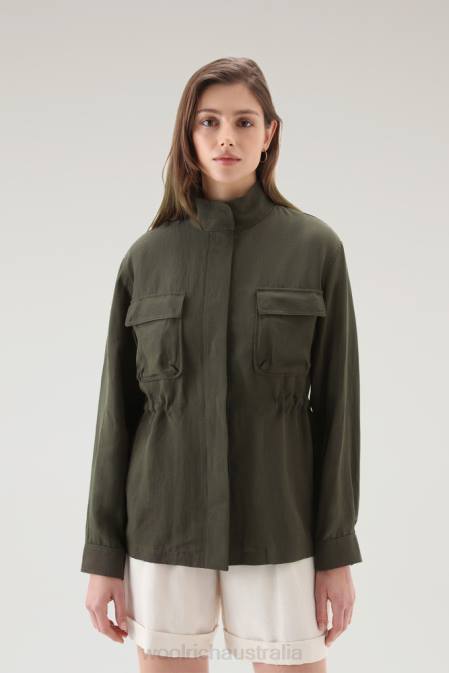 Woolrich Women Utility Overshirt in Linen Blend Dark Green Clothing J026103