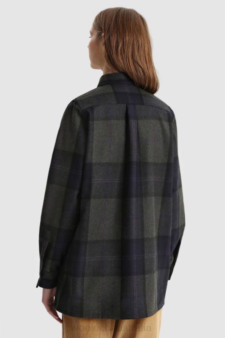 Woolrich Women Wool Blend Boyfriend Flannel Shirt-Made in Usa Grey Purple Check Clothing J026372
