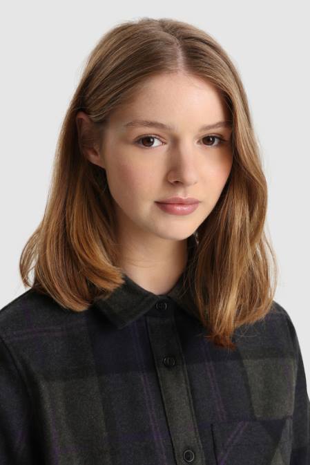 Woolrich Women Wool Blend Boyfriend Flannel Shirt-Made in Usa Grey Purple Check Clothing J026372