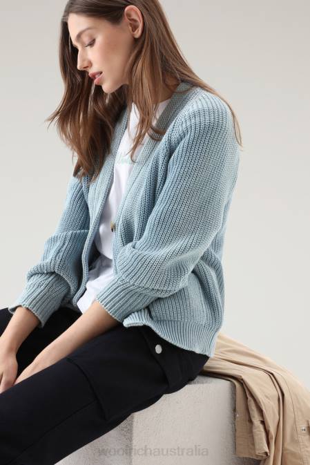 Woolrich Women Cardigan in Pure Organic with Natural Garment-Dye Finish Pale Indigo Clothing J02686