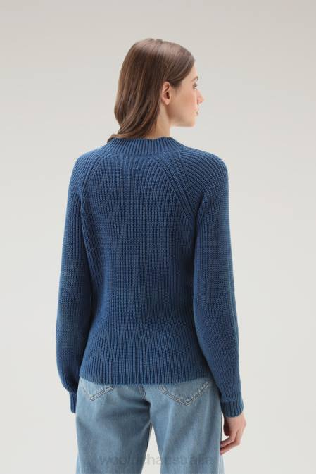 Woolrich Women Crewneck Sweater in Pure Cotton with Natural Garment-Dye Finish Indigo Clothing J026129