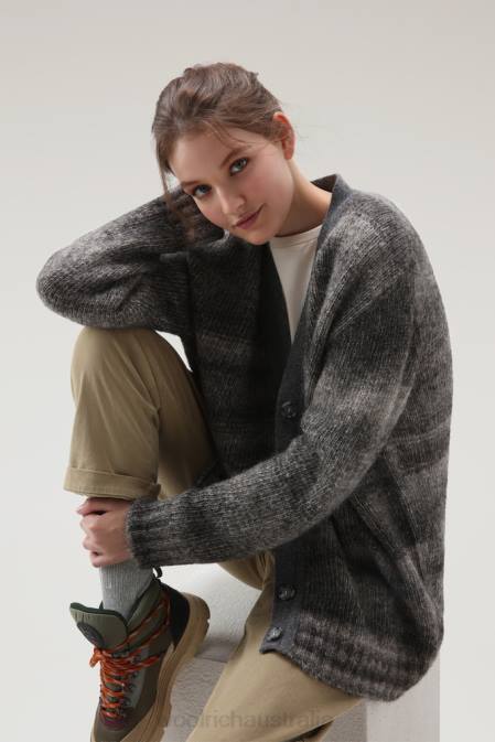 Woolrich Women Degrade Cardigan in Alpaca Wool and Cotton Blend Charcoal Melange Clothing J026231