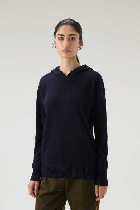 Woolrich Women Wool and Cashmere Blend Hooded Sweater Melton Blue Clothing J026272